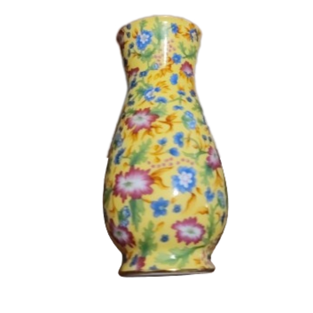 Two’s Company 5.5” FLORAL CHINTZ Bud Vase With Gold Rim yellow blue pink green